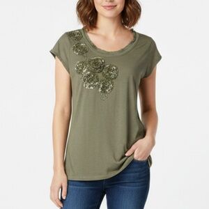 Willi Smith Green Metallic Beaded Embellished Cap Sleeve Cotton T-shirt Small